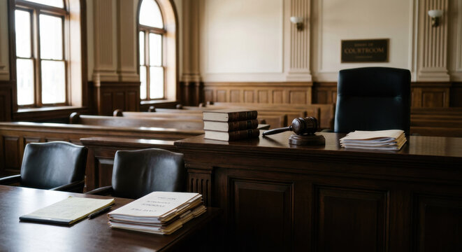 Courtroom scene with legal documents, gavel, and witness stand, representing the pursuit of justice and legal proceedings.