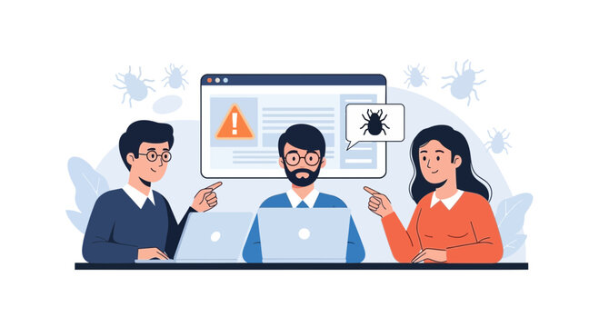 Team of programmers debugging software, identifying bugs in code on laptop screen, cybersecurity concept