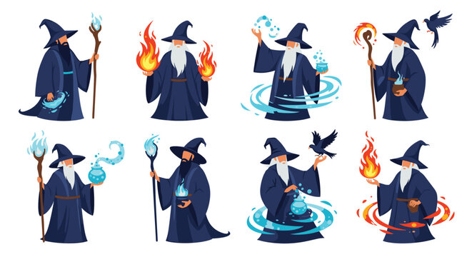 Collection of fantasy wizard characters in dark blue robes using magical staves to cast elemental spells like fire.