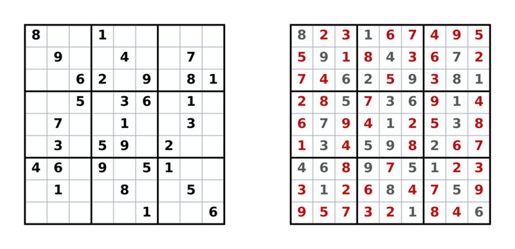 Sudoku puzzle worksheet with solved and unsolved grids  