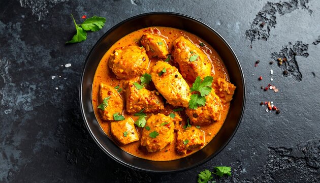 A bowl of savory orange-hued curry with chunks of meat and green herbs