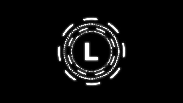 quantum computing icon animation with futuristic circular HUD interface and bold L letter design. Modern white neon technology symbol on dark background representing quantum technology,