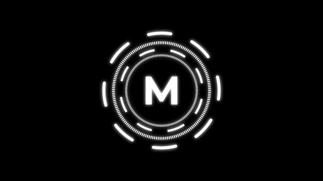 quantum computing icon animation with futuristic circular HUD interface and bold M letter design. Modern white neon technology symbol on dark background representing quantum technology,