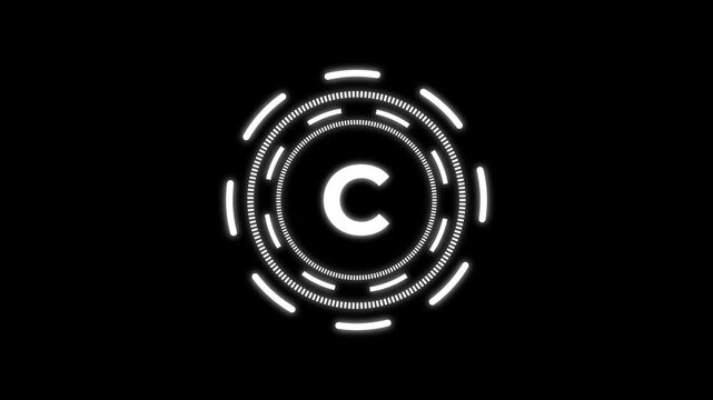 quantum computing icon animation with futuristic circular HUD interface and bold C letter design. Modern white neon technology symbol on dark background representing quantum technology,