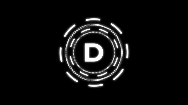quantum computing icon animation with futuristic circular HUD interface and bold D letter design. Modern white neon technology symbol on dark background representing quantum technology,