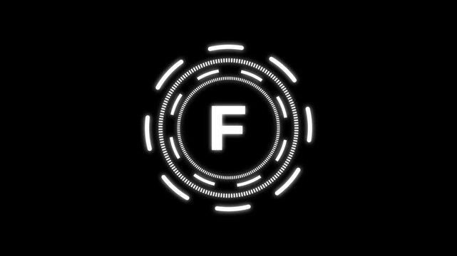 quantum computing icon animation with futuristic circular HUD interface and bold F letter design. Modern white neon technology symbol on dark background representing quantum technology,