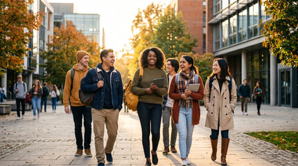 Fototapeta premium Diverse happy university students walking on campus in autumn sunset