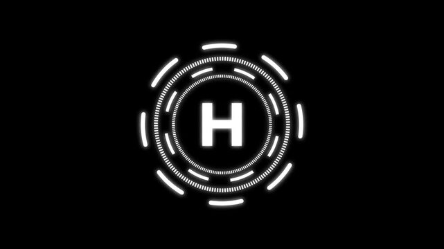 quantum computing icon animation with futuristic circular HUD interface and bold H letter design. Modern white neon technology symbol on dark background representing quantum technology,