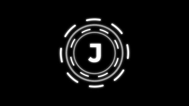 quantum computing icon animation with futuristic circular HUD interface and bold J letter design. Modern white neon technology symbol on dark background representing quantum technology,