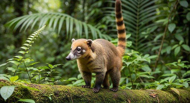 South american coati standing on a mossy log in the jungle