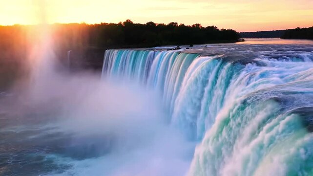 Spectacular scenic high angle view of the iconic powerful flowing Horseshoe Falls at Niagara Falls with thick rising mist and beautiful warm colorful sunset sky