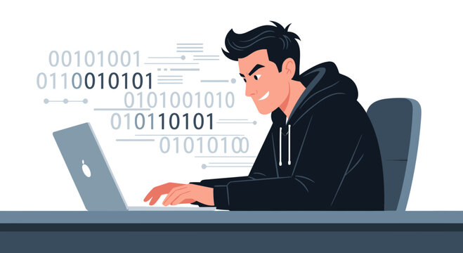 Smiling hacker in hoodie typing on laptop, binary code floating around, digital technology and cybersecurity concept