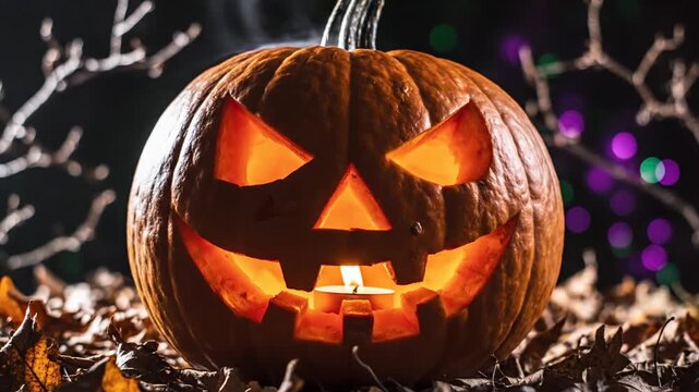 Glowing jack o lantern halloween pumpkin with smoke and dead leaves in dark setting