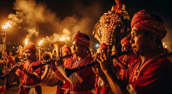 Traditional Sri Lankan Kandy Esala Perahera Festival with Torchbearers and Decorated Elephant at Night.
