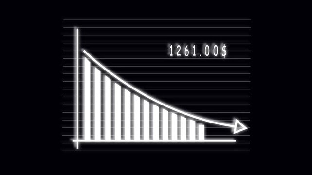 Animated financial loss bar graph chart business recession market crash minimalist dark background. Bar graph animation downward trend stock market financial loss business economics data.