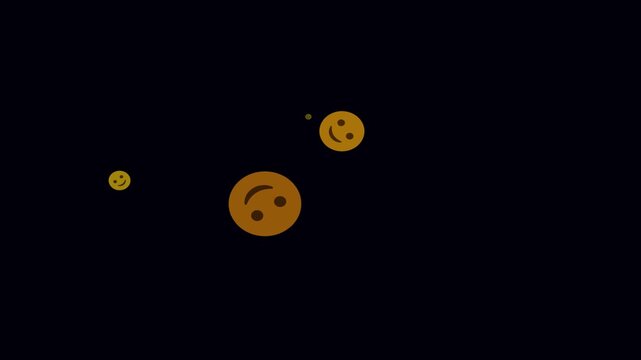 Golden happy face emojis falling animation dark background looping seamless fun upbeat social media loop. Golden emojis animation happy faces falling looping dark background.