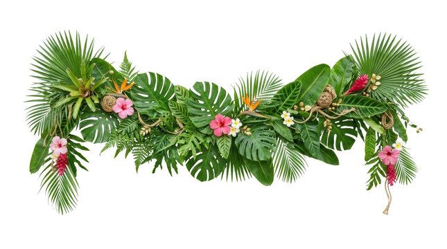 Tropical floral garland with exotic leaves and flowers isolated on transparent background