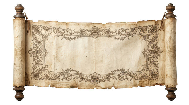 Old vintage parchment paper scroll with ornate decorative border isolated on transparent background