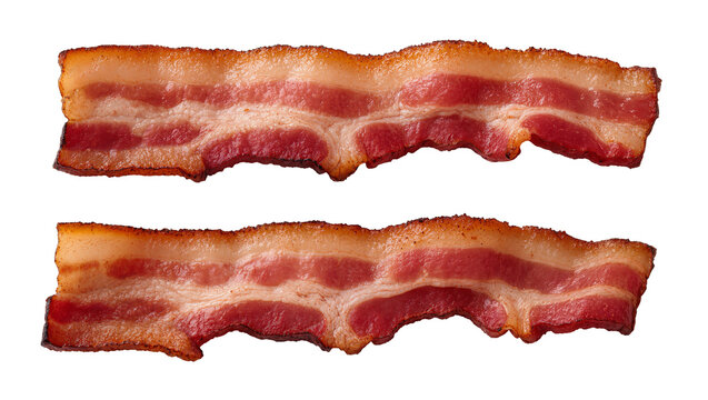 Crispy fried bacon strips with red meat and white fat, isolated on transparent background