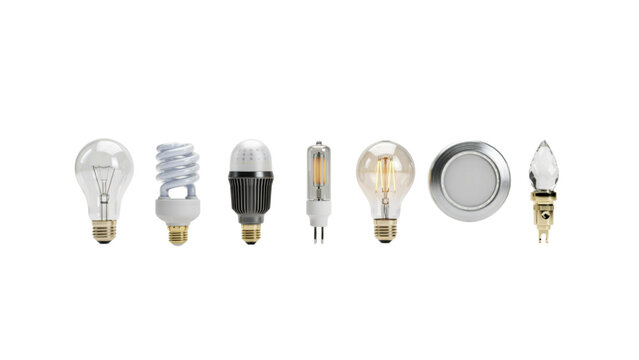 Assorted light bulbs with different shapes and styles in a row Vector