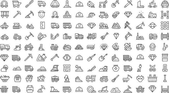 Mining and Construction Industry Line Icon Set Vector Collection Featuring Equipment Tools Vehicles and Minerals on Gray Background