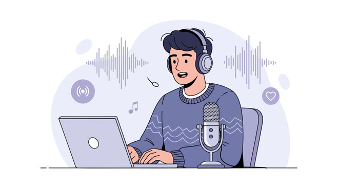 Young man with headphones recording podcast using laptop and microphone, visualizing sound waves