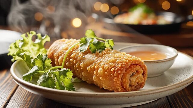Crispy spring roll on white plate with dipping sauce and fresh lettuce garnish