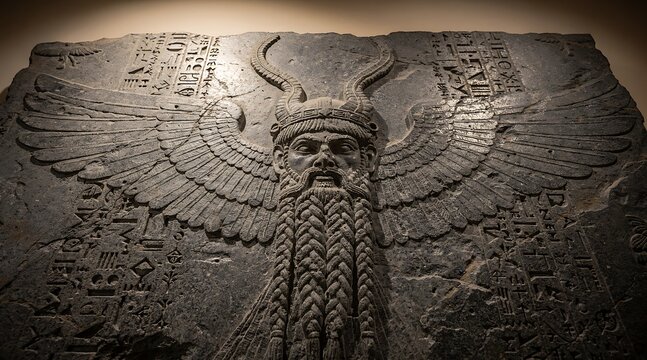Ancient Mesopotamian Winged Deity Stone Relief Sculpture.