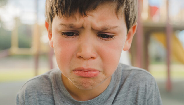 Close up portrait of a sad young boy crying with tears in his eyes and a pouting grumpy face, showing an upset facial expression on an outdoor playground