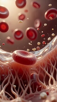 Red blood cells flowing through a human artery in 3D illustration