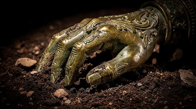 Ancient ornate bronze robotic hand resting on dark soil.