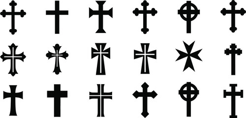 Fototapeta premium Various black crosses on white background, symbols religious