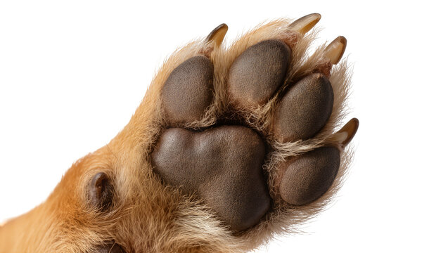 Close-up of a dog s furry paw with brown pads and sharp claws, isolated on transparent background