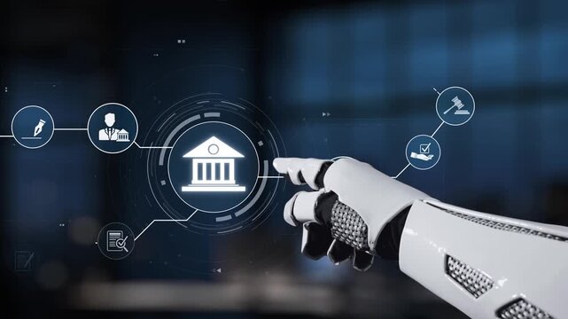 Innovative robotic hand interacts with digital banking icons, representing the merger of technology and finance for enhanced user experiences and services in modern banking. Synapse