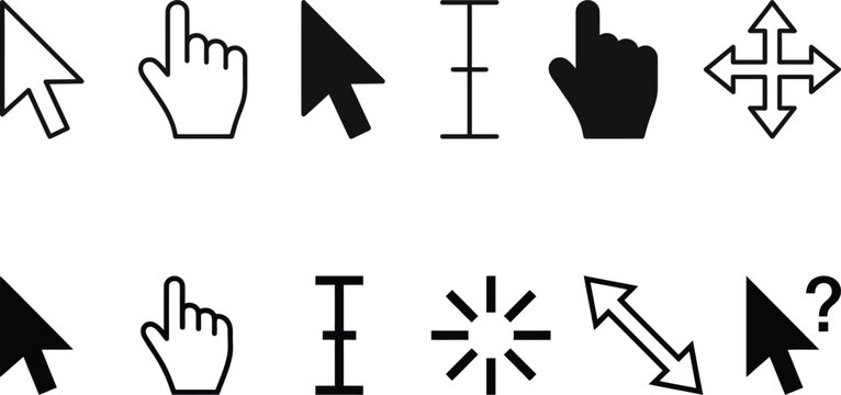 Various computer cursor on a white background, pointer hand arrow