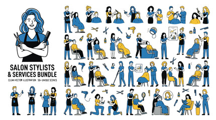 Fototapeta premium Salon stylists and services bundle, 30 unique scenes of professional hairdressers and barbers, blue and yellow flat vector illustrations