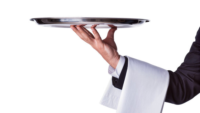 Waiter s hand holding a polished silver serving tray, isolated on transparent background