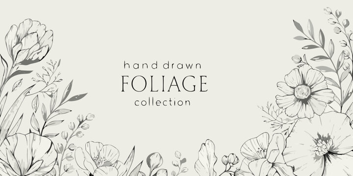 Hand Drawn Foliage Collection Floral Ornament In Gray Tones