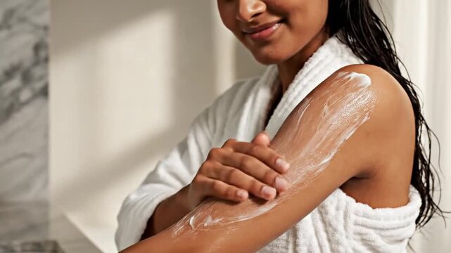 Applying moisturizing lotion to skin for hydration and skincare routine
