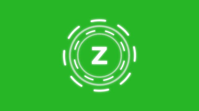 Letter Z in a circle sign. Capital letter T on rotating HUD circle. Alphabet letter video on transparent animation background.
