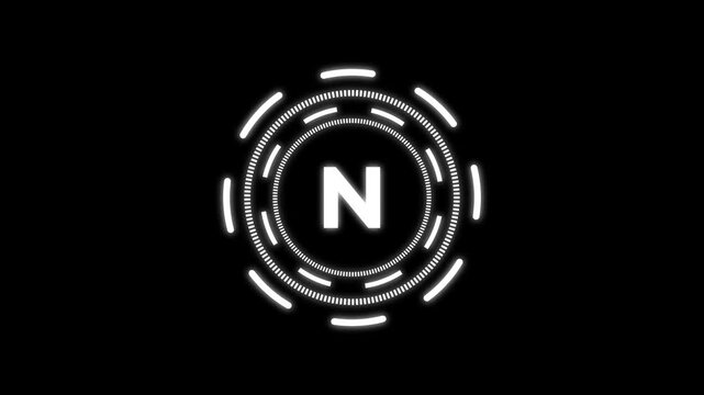 Letter N in a circle sign. Capital letter T on rotating HUD circle. Alphabet letter video on transparent animation background.