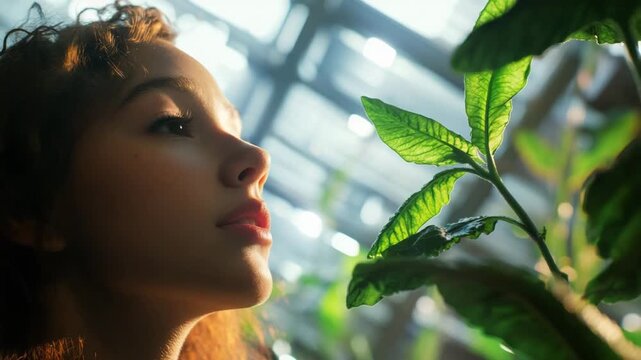 Woman smells green plant leaves in an indoor garden with natural light