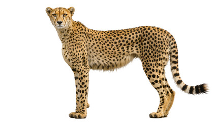Full body spotted cheetah standing alert, isolated on transparent background © Sorin