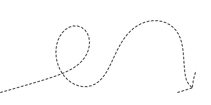 Abstract dotted line arrow tracing a flowing, curvilinear path across a clean white background, conveying movement and direction