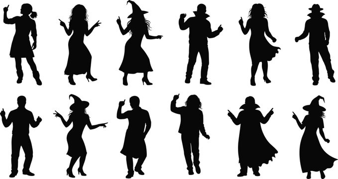 Halloween dancing people silhouettes set with witch costumes and party dancers isolated spooky celebration chdesignHalloween dancing people silhouettes set with witch costumes and party dancers 
