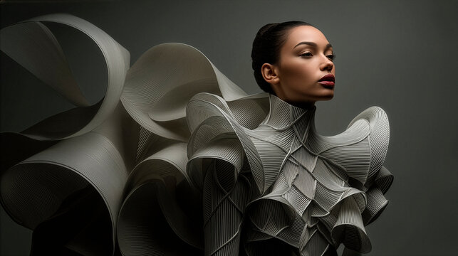 Architectural fashion portrait featuring a geometric aluminum garment that merges contemporary design and wearable sculpture.