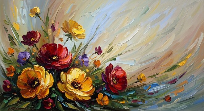 Impressionist floral oil painting with red and yellow blossoms