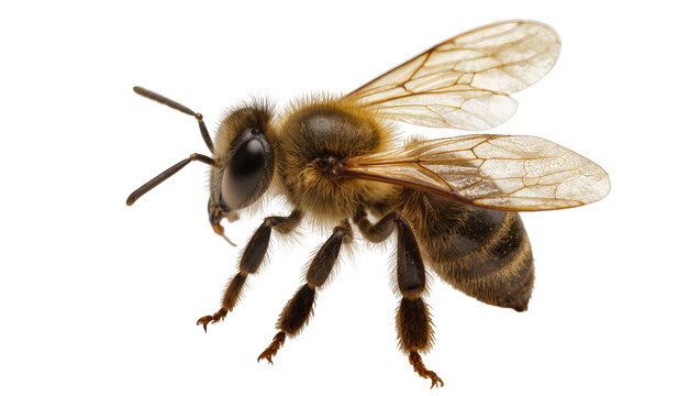 Detailed macro view of a fuzzy honey bee with transparent wings, isolated on transparent background