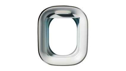 Obraz premium Modern rounded airplane window frame with reflective metallic surface, isolated on transparent background