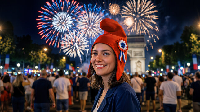 Femme portant un bonnet phrygien f&ecirc;tant le 14 juillet &agrave; Paris avec feu d'artifice sur l'Arc de Triomphe